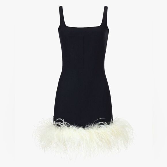 MANURÍ Rinna Ostrich Feather Trim Square Neck Dress Black White Revolve Small - Picture 9 of 9